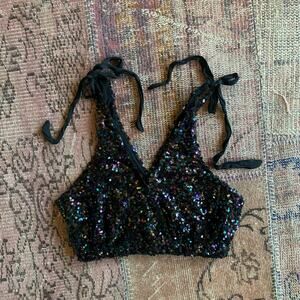 FREE PEOPLE size Medium crop tie sequin top BLACK
